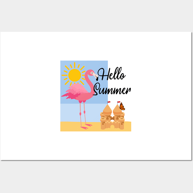 Hello Summer Pink Flamingo Design Wall Art by VelvetRoom